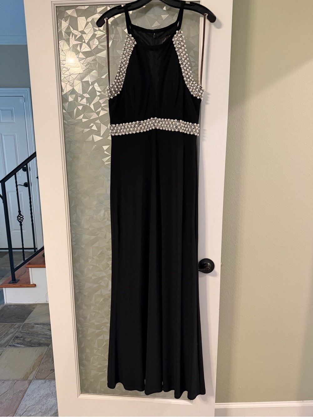 Camille La Vie Black Halter Maxi Dress with Pearl Trim